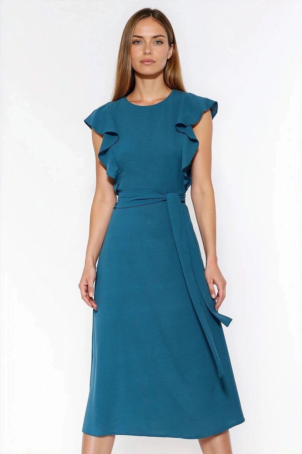 Robe midi fluide femme bleue élégante pour été, manches courtes à volants, ceinture à la taille, style chic