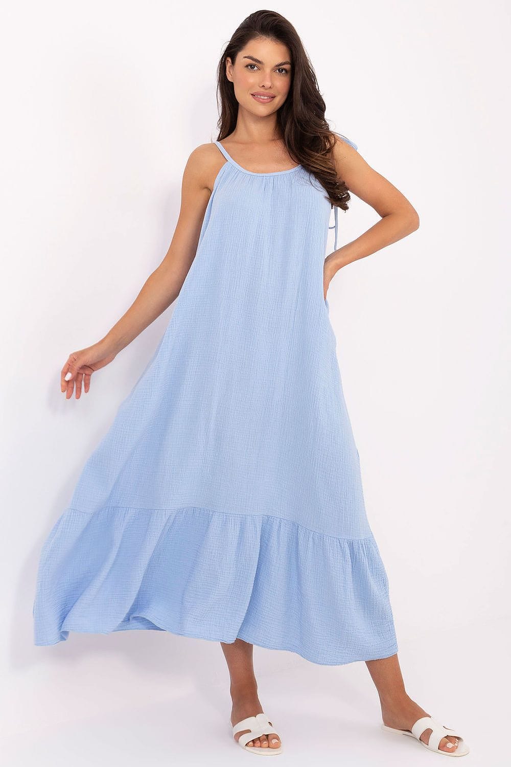 Robe été bohème longue bleu fluide sans manches pour femme, idéale pour la plage ou un mariage champêtre