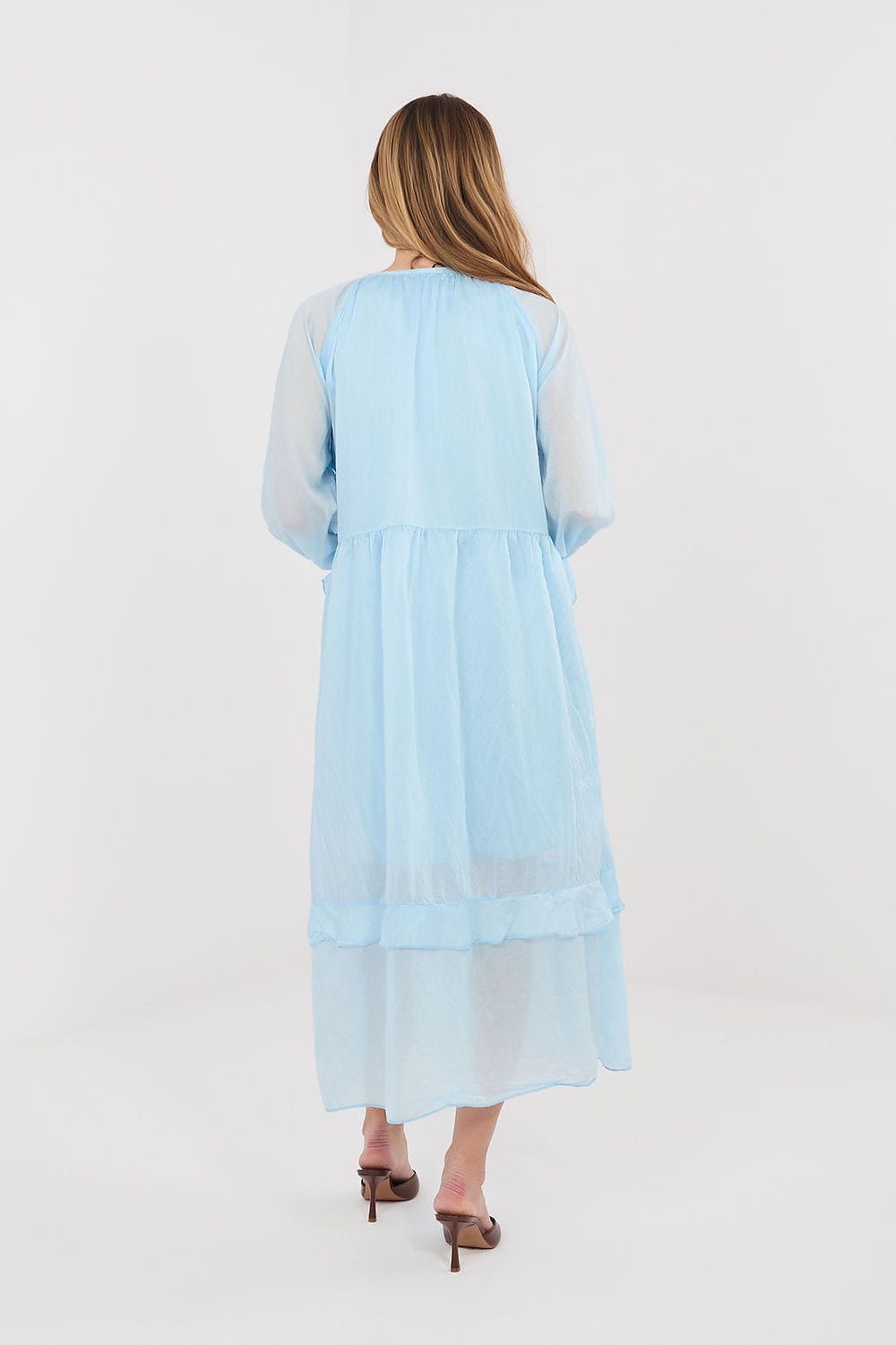 Robe été bohème longue bleu manches longues fluide femme élégante transparente idéale plage