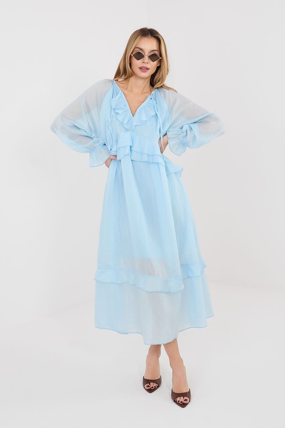 Robe de soirée bohème longue bleu fluide femme manches longues col v, idéale pour mariage ou évènement chic