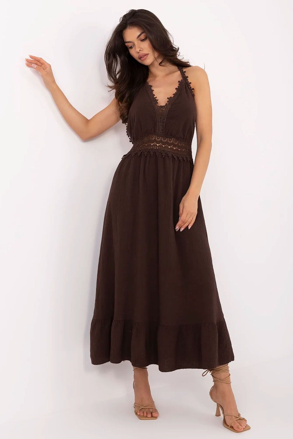 Robe bohème été longue marron sans manches évasée idéale pour mariage invité ou soirée chic décontractée