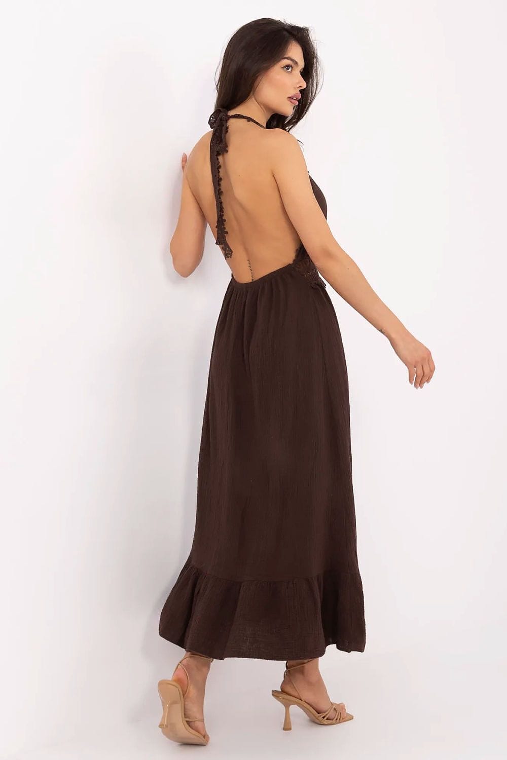 Robe longue dos nu marron bohème été chic sans manches élégante idéale pour mariage invité sophistiqué