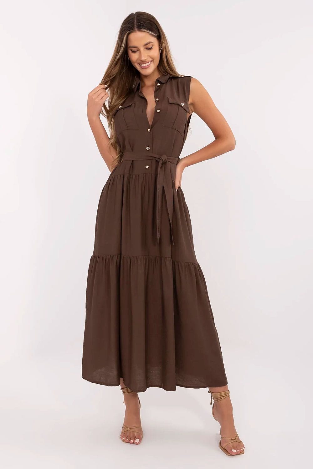 Robe chemise longue marron sans manches style casual été ceinturée taille haute fluide tendance femme