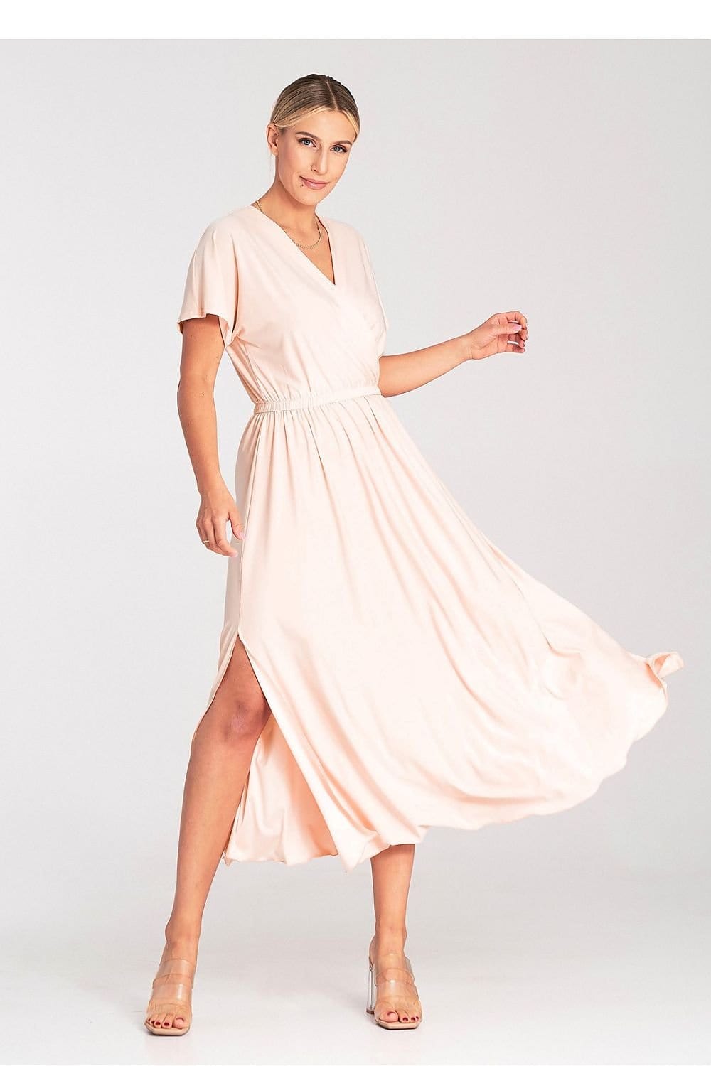 robe été casual longue manches courtes trapèze fluide beige parfaite pour journée plage ou vacances