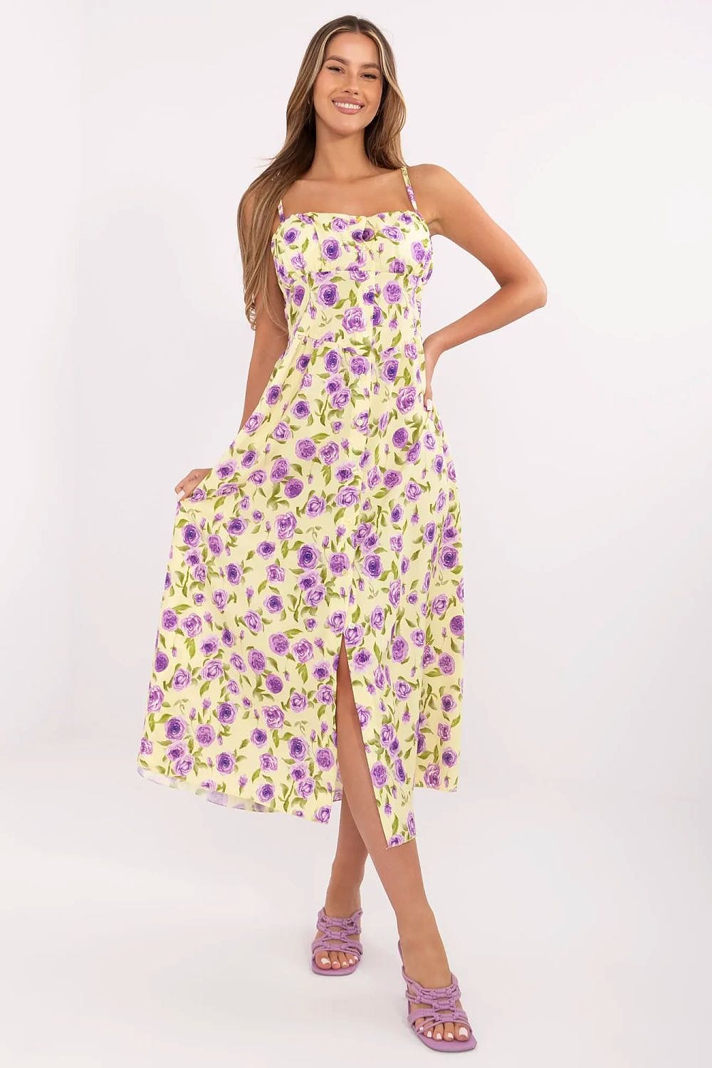 Robe été fleurie longue jaune violette à fente, sans manches, style bohème chic, idéale pour plage