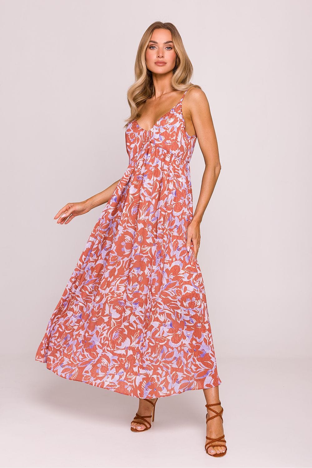 Robe été bohème longue fleurie terracotta sans manches pour femme, parfaite pour mariage ou plage
