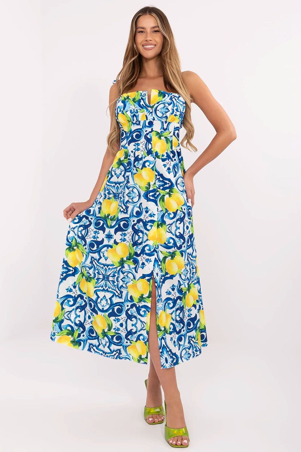 Robe été bohème fleurie longue bleu et jaune sans manches imprimé citron fendue idéale plage vacances