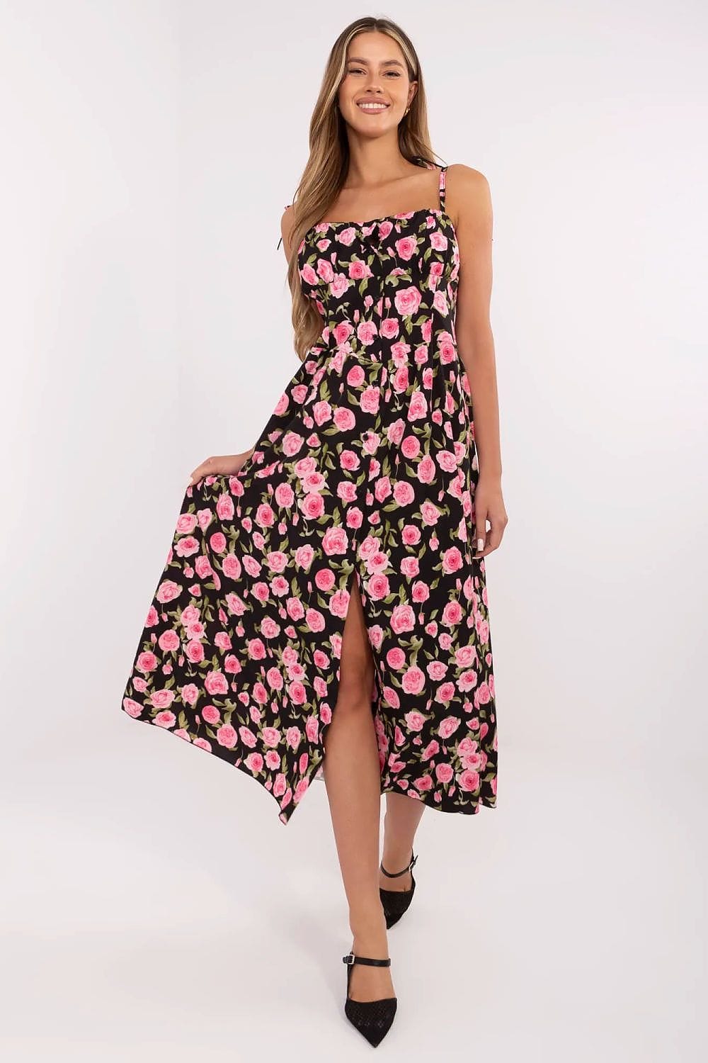 Robe été bohème fleurie noire longue fendue sans manches style champêtre pour invitée mariage