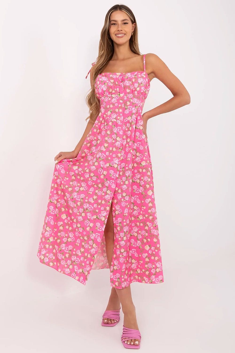 Robe été bohème longue fleurie rose sans manches décolleté fendue parfaite pour plage ou invitation mariage