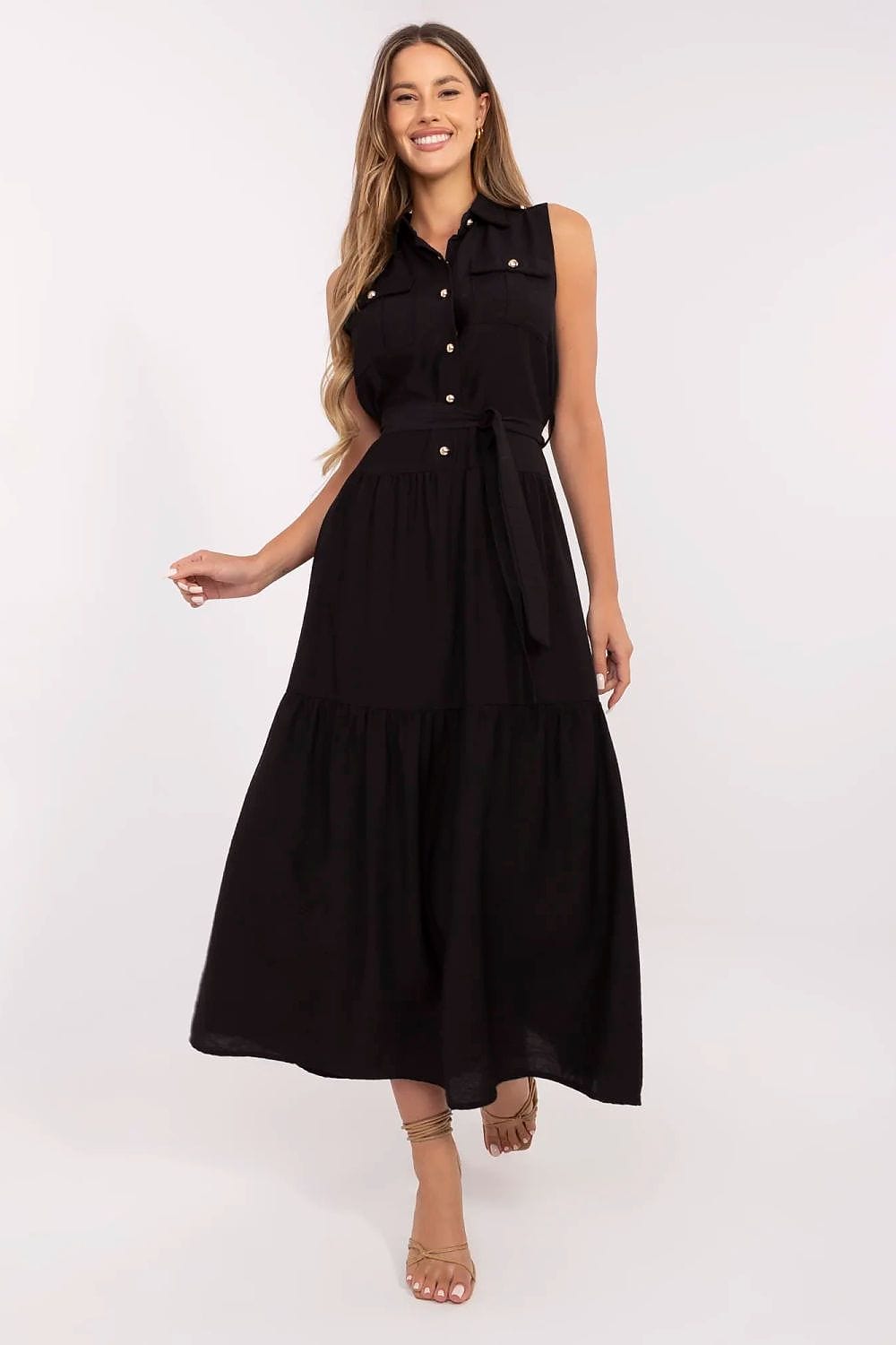 Robe noire longue chemise sans manches trapèze été casual chic avec ceinture à nouer à la taille