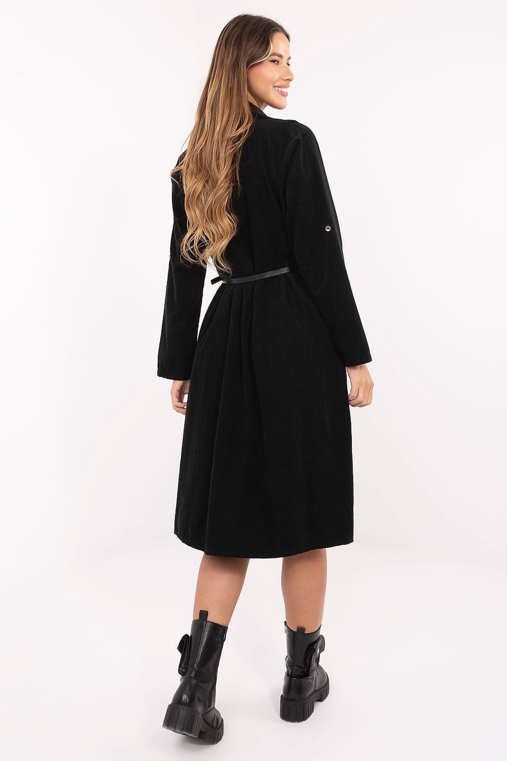 Robe noire midi trapèze manches longues style casual chic ceinture élégante automne hiver femme
