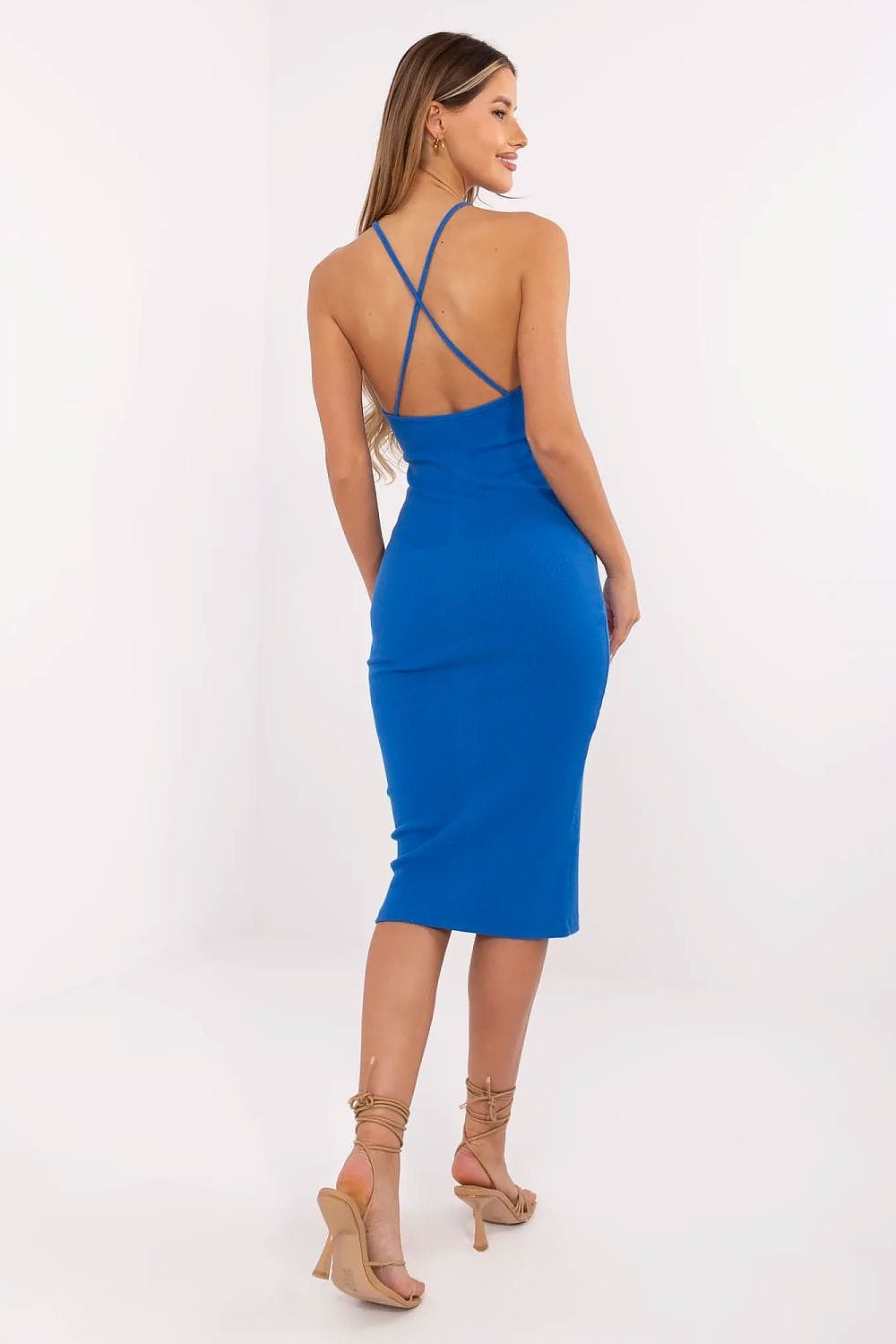 Robe de soirée dos nu moulante bleue midi élégante pour événement chic, idéale cocktail ou sortie habillée