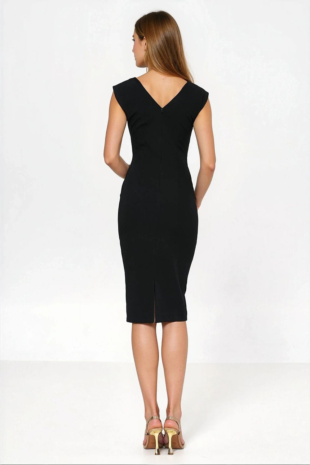 Robe noire moulante midi soirée chic dos nu sans manches parfaite pour cocktail ou soirée habillée