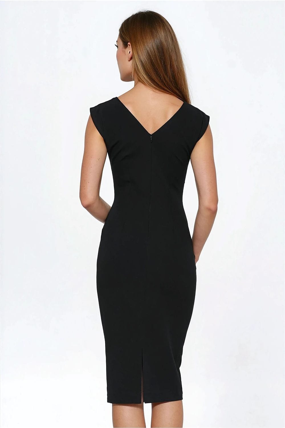 Robe de soirée chic noire moulante midi élégante manches courtes décolleté dos nu femme invitée