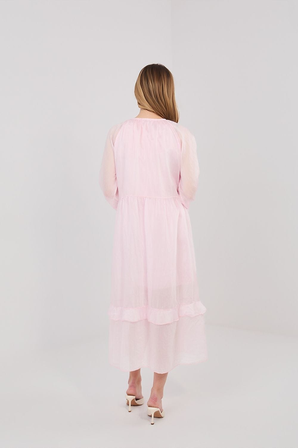 Robe été bohème rose longue fluide femme manches longues style léger idéal pour mariage ou cocktail