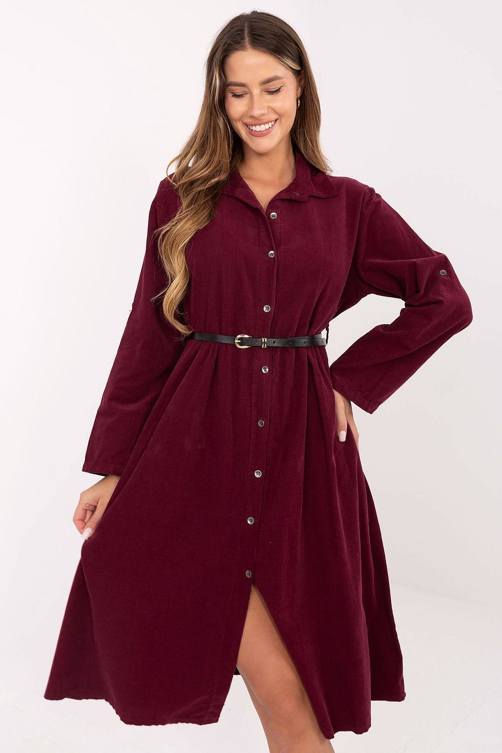 Robe chemise longue bordeaux en velours manches longues ceinturée style casual chic automne hiver femme
