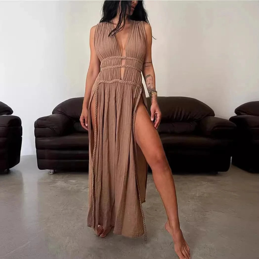 Robe été bohème longue fendue sans manches décolleté marron fluide parfaite pour soirée plage