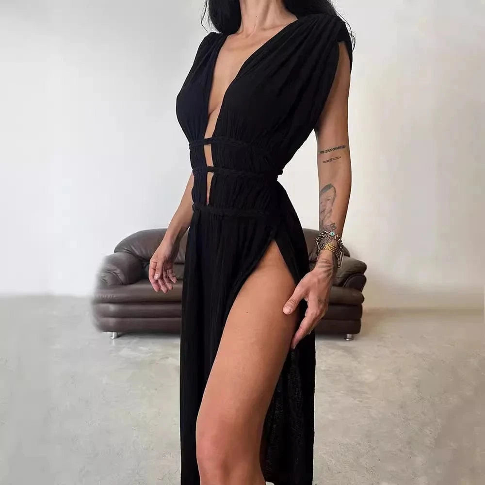 Robe noire soirée sexy longue fendue décolleté sans manches moulante élégante pour femme invitée chic