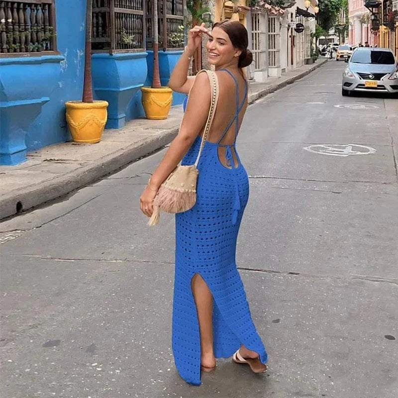 Robe plage longue bleue dos nu crochet fluide sans manches été décontractée parfaite pour vacances