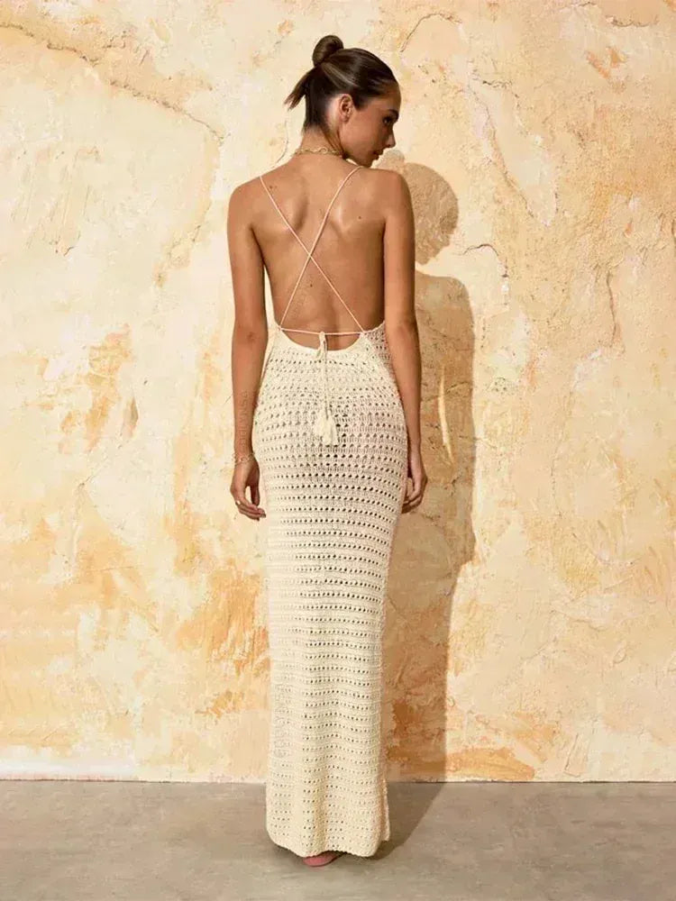 Robe de plage longue en maille bretelles fines