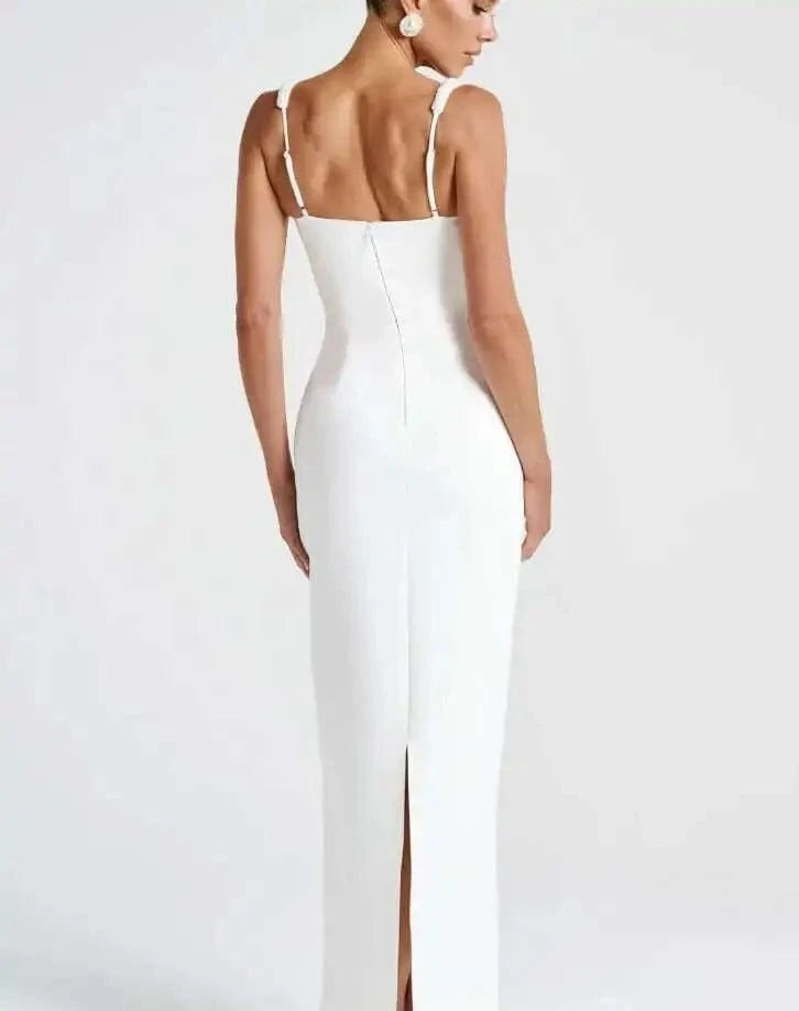 Robe longue blanche soirée chic moulante sans manches élégante dos nu invitée mariage été fendue