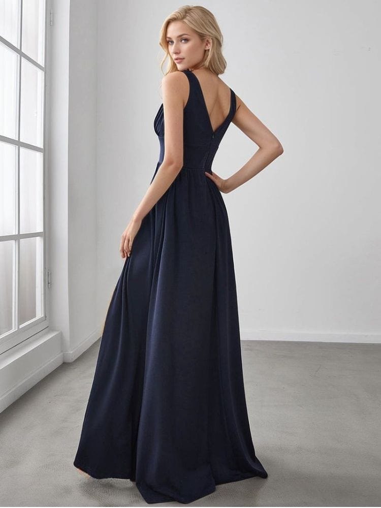 Robe de soirée chic longue noire dos nu élégante pour invitée mariage ou gala, coupe fluide et style habillé