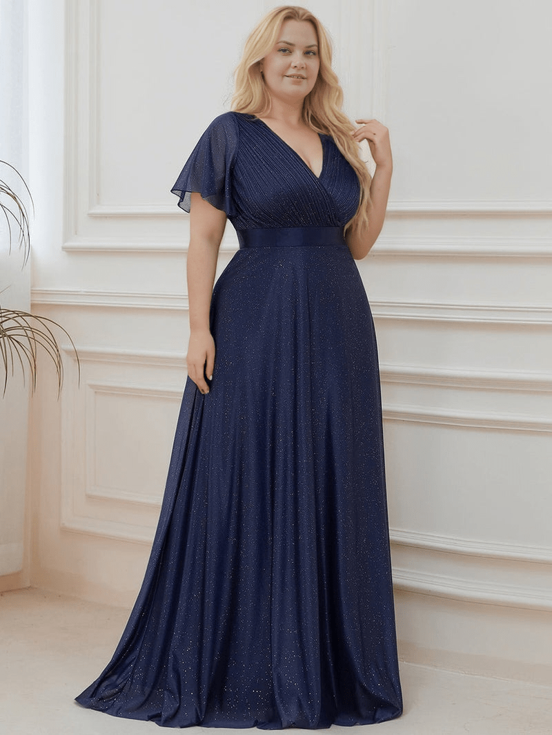 Robe de soirée grande taille bleu manches courtes longue fluide femme élégante pour mariage invité chic