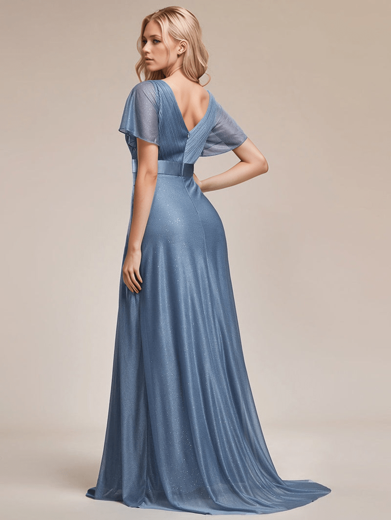 Robe de soirée chic longue bleu manches courtes dos nu élégante idéale mariage invité ou bal élégante