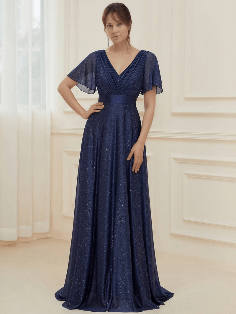 Robe de soirée mariage longue bleu manches courtes trapèze élégante femme invitée chic tissu fluide