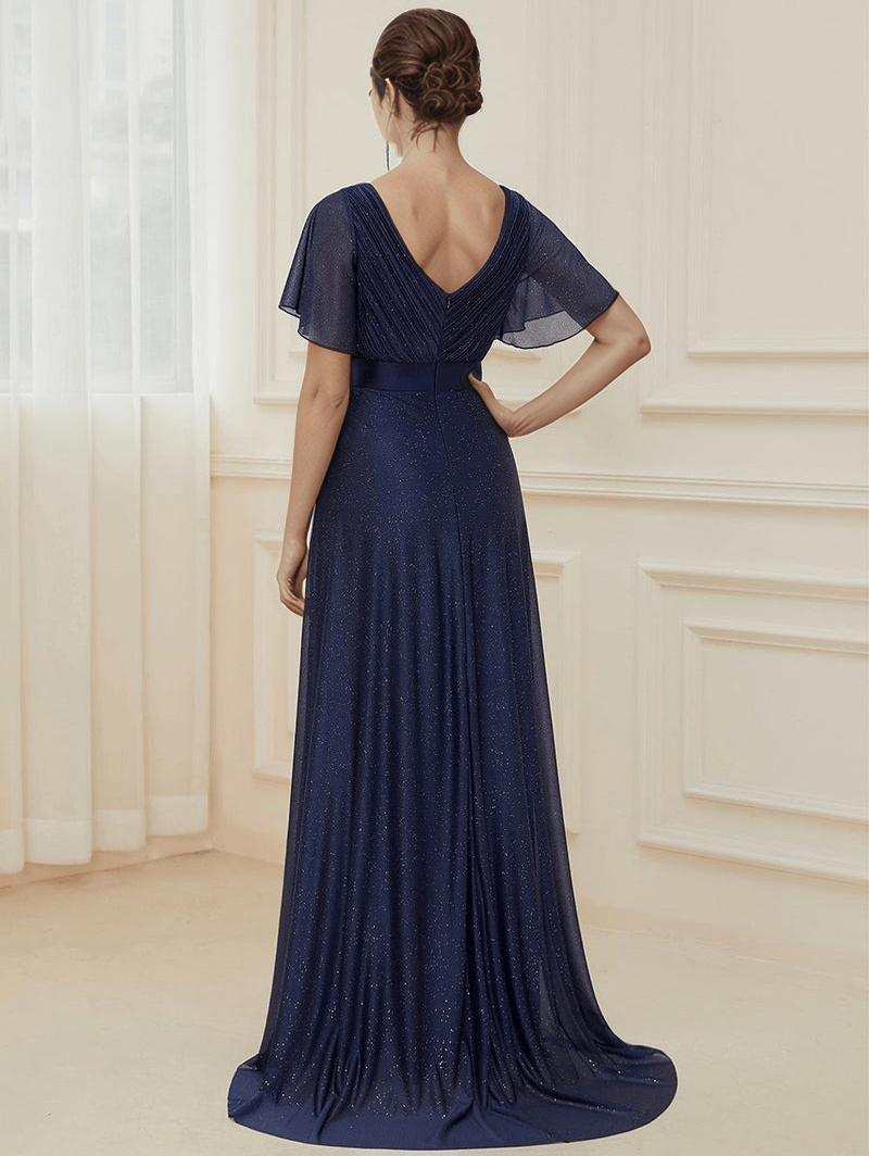 Robe de soirée chic longue bleue dos nu manches courtes fluide élégante pour mariage invité ou gala