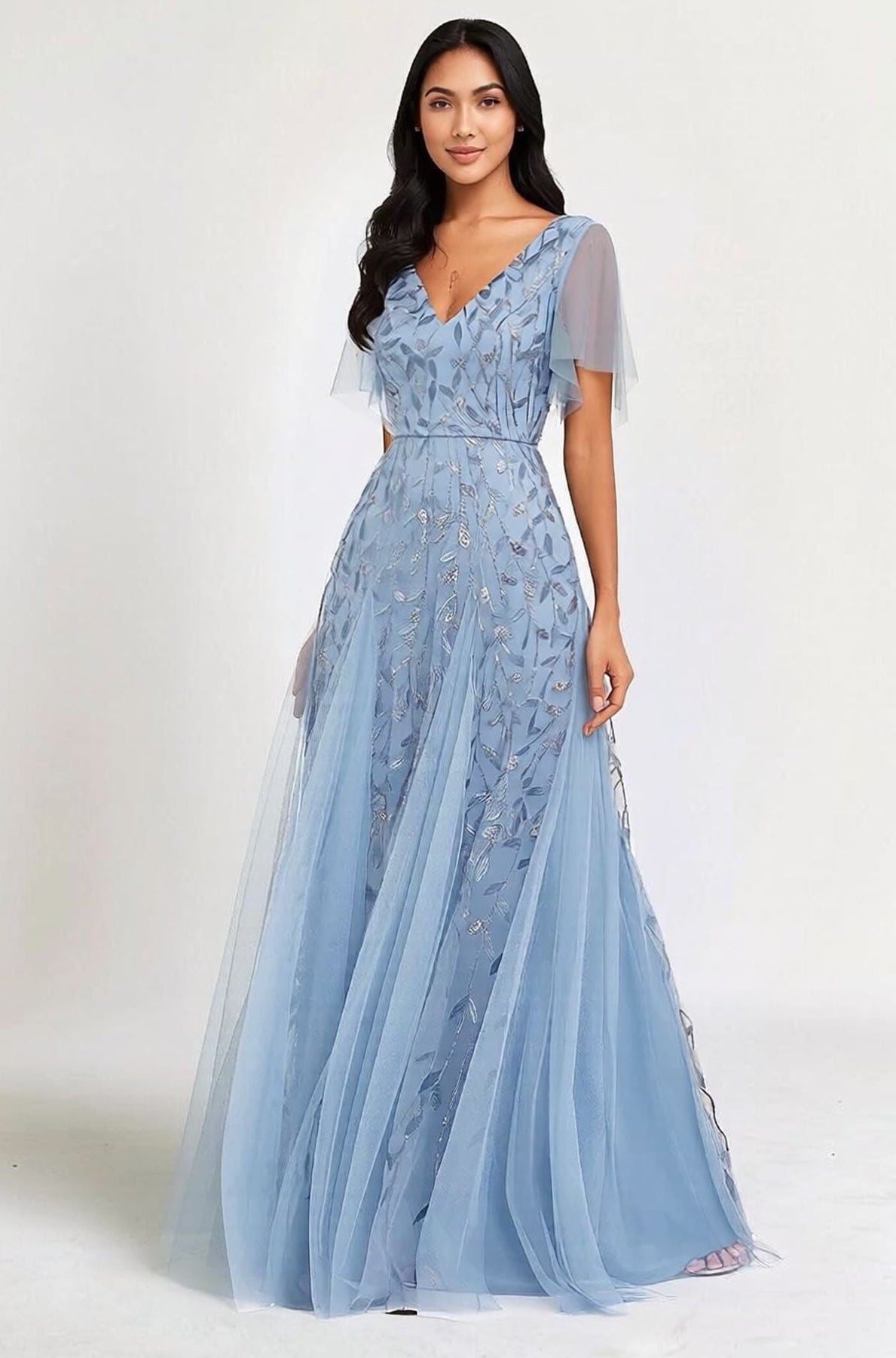 Robe de soirée longue bohème bleue manches courtes décolleté pour mariage invité chic élégante et fluide