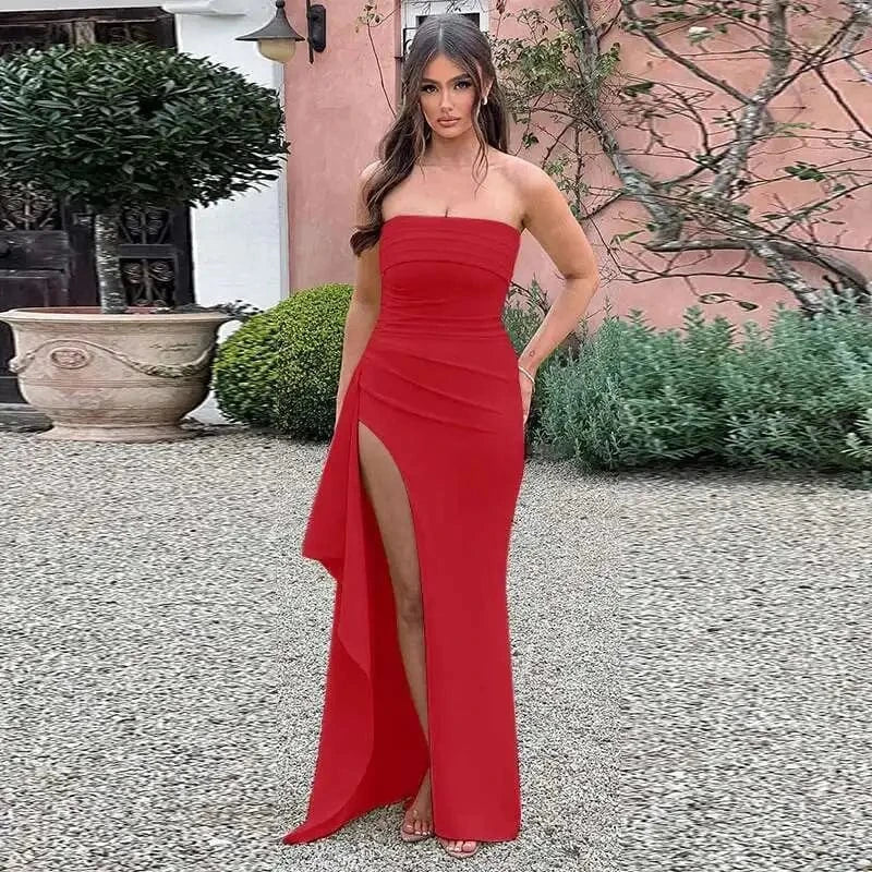 Robe de soirée chic rouge longue fendue bustier moulante élégante sans manches pour mariage invité