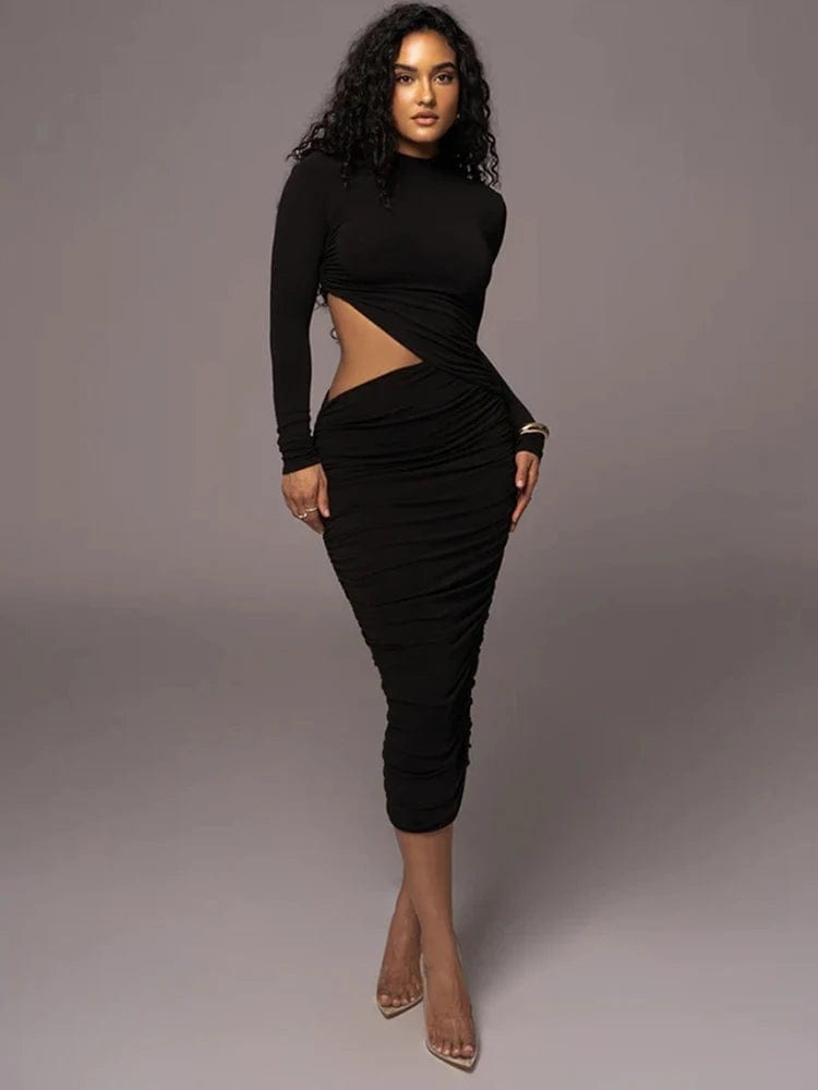 Robe de soirée sexy noire moulante, manches longues, idéale pour cocktail ou événements chic.