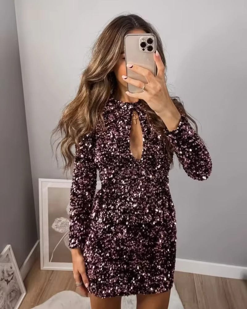 Robe de soirée chic paillette bleue moulante manches longues courte pour un mariage élégant