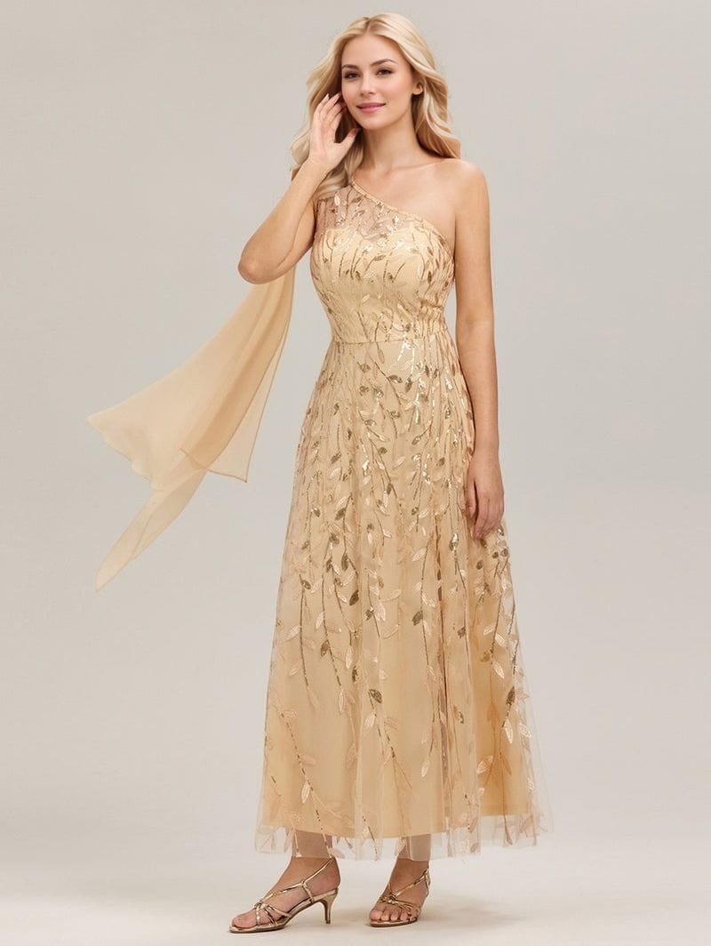 Robe de soirée mariage dorée longue chic asymétrique bustier une épaule motif feuilles élégante pour invitée