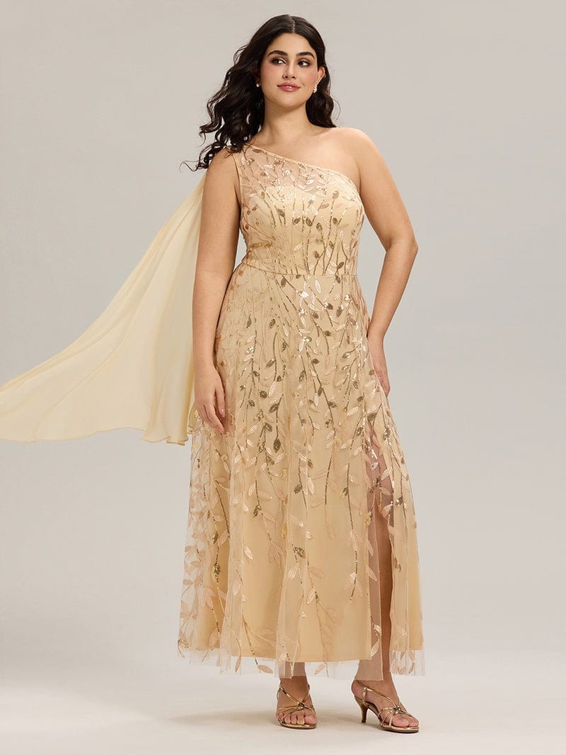 Robe de soirée mariage longue dorée asymétrique grande taille chic une épaule avec détails feuilles élégants