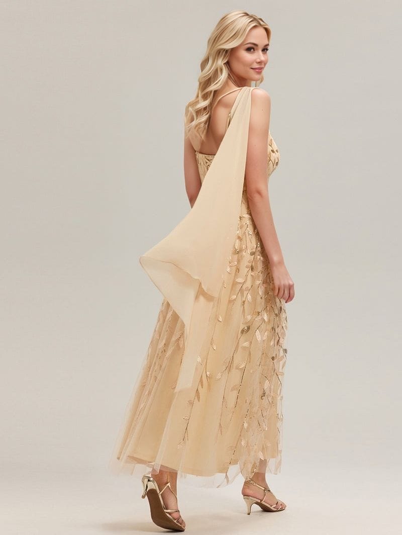 Robe longue champagne soirée chic fluide femme décolleté élégante en tulle pour mariage invité
