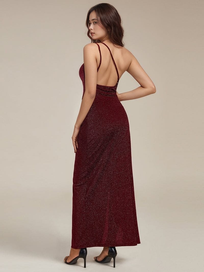 Robe de soirée chic longue dos nu rouge bordeaux moulante sans manches élégante pour évènement habillé