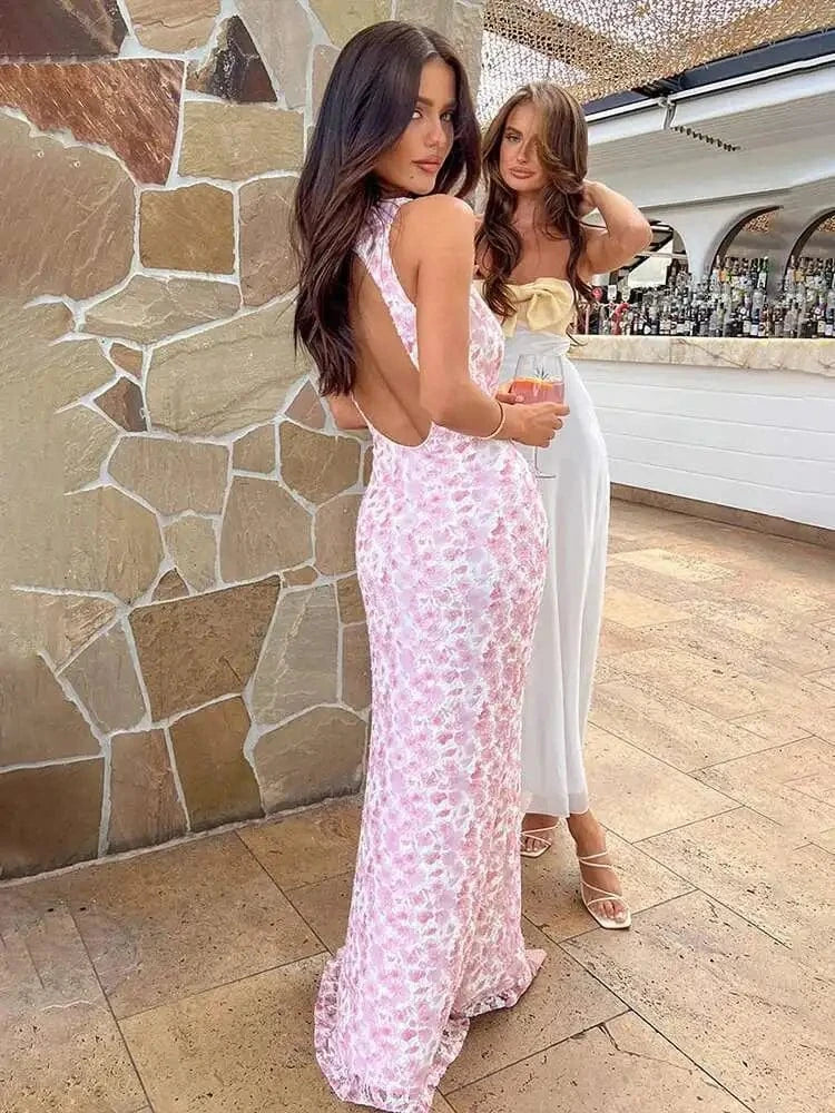 Robe longue dos nu rose fleurie mariage invité chic élégante été style bohème parfaite pour cérémonie