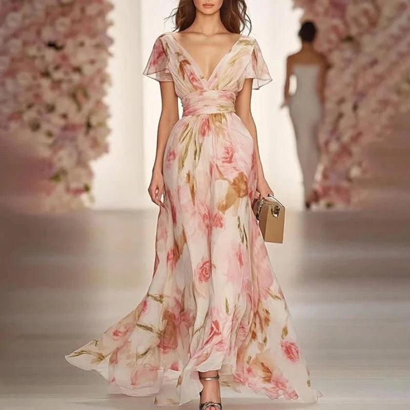 Robe longue été fleurie bohème pour mariage invité chic manches courtes décolleté rose et beige élégante