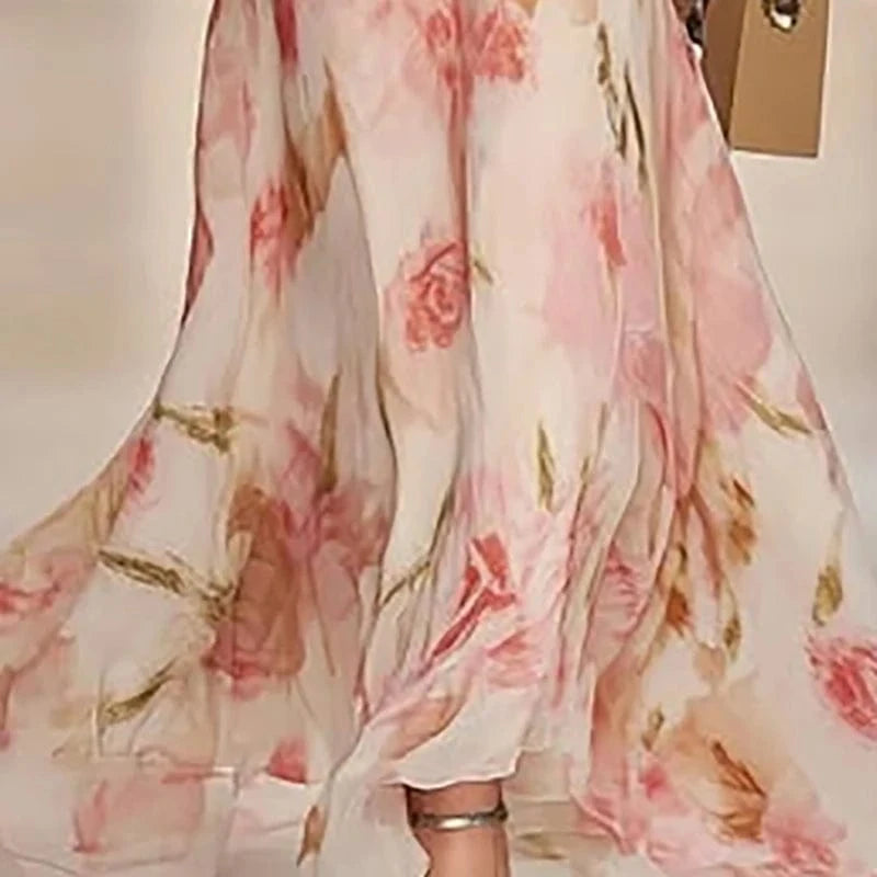 Robe longue fleurie élégante été champêtre invitée mariage fond blanc rose poudré fluide légère