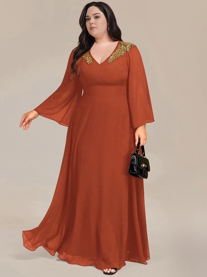 Robe de soirée grande taille longue terracotta chic manches longues femme avec sac à main élégant