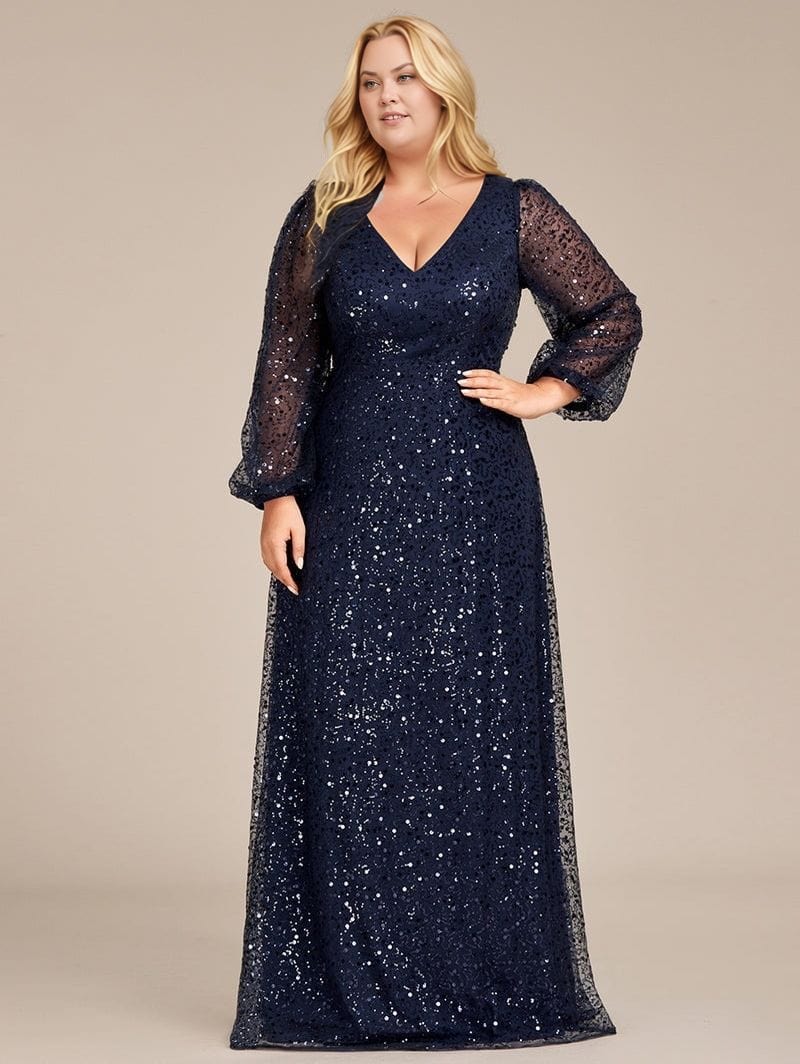 Robe de soirée grande taille chic longue manches longues bleu foncé décolleté élégante avec sequins pour gala