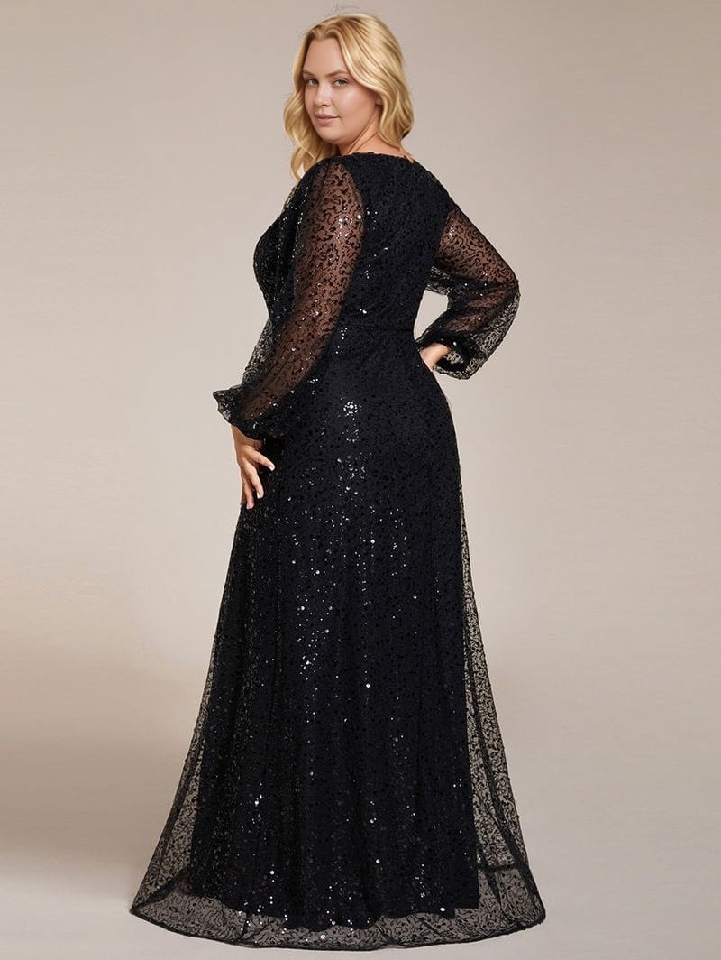 Robe de soirée grande taille noire longue manches longues pailletée élégante pour évènement chic femme