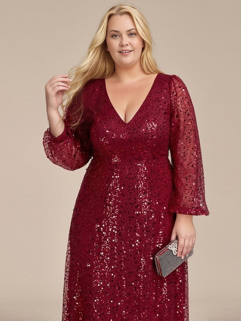 Robe de soirée grande taille paillette bordeaux longue manches longues col v avec pochette élégante