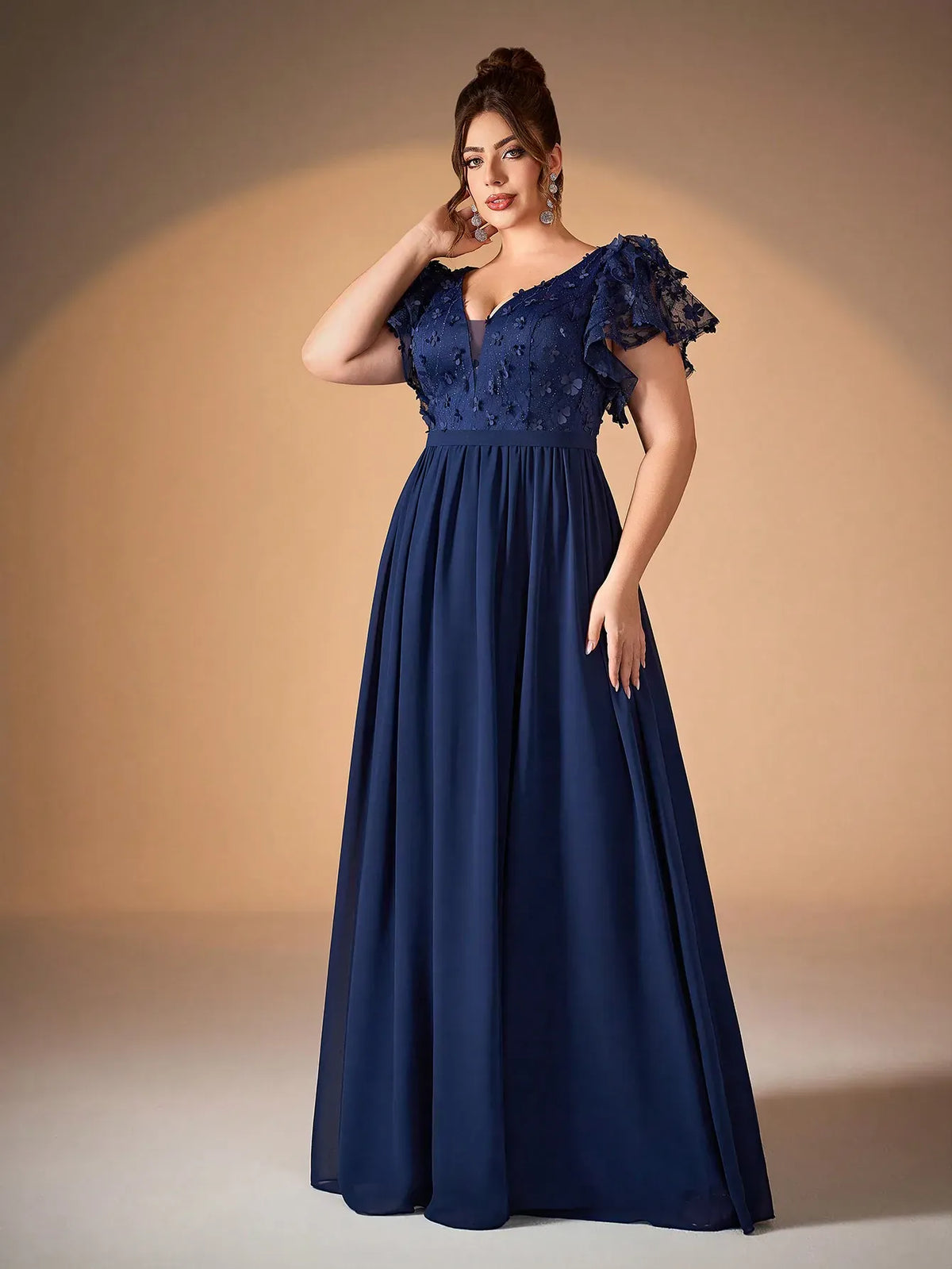 Robe de soirée longue bleue grande taille haut en dentelle brodée