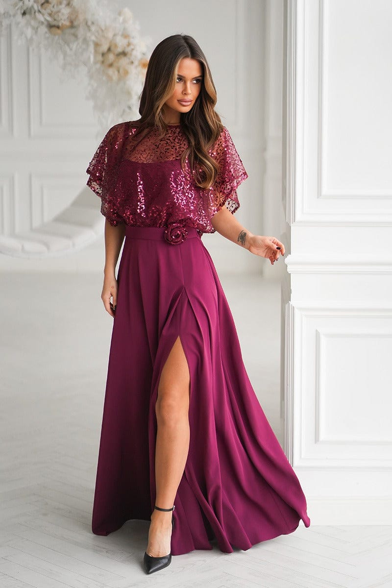 Robe de soirée chic longue bordeaux sequin fendue manches courtes élégante idéale mariage ou cocktail