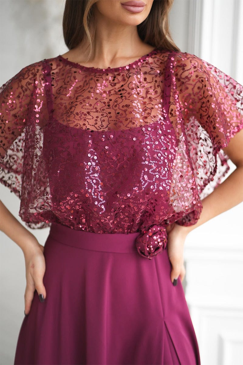 Robe de soirée chic sequin violette manches courtes longue fluide femme parfaite pour mariage invité