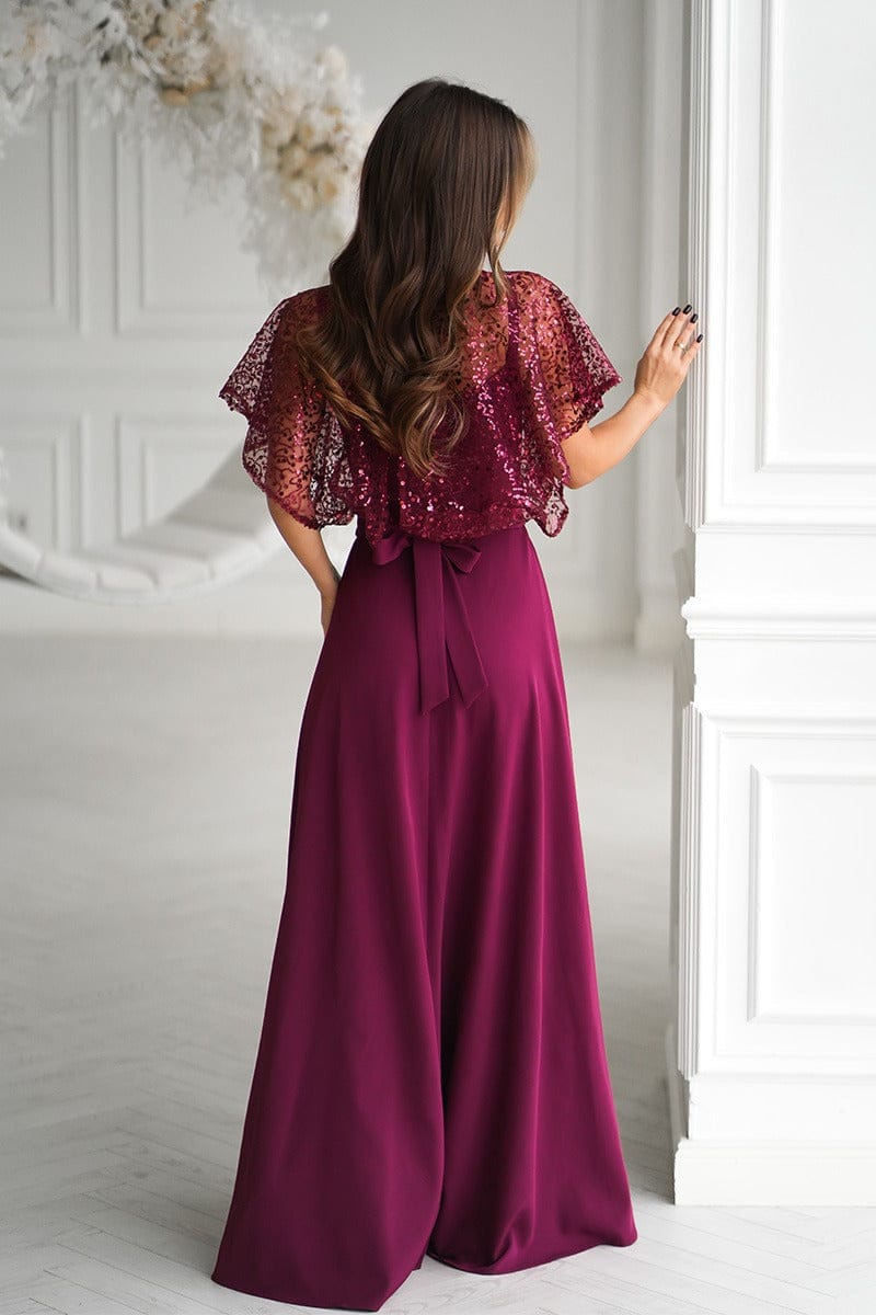 Robe de soirée longue bordeaux élégante à sequins manches courtes idéale mariage invitée chic festive