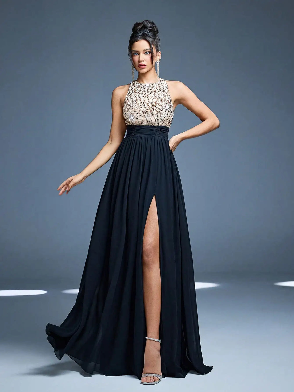 Robe de soirée longue chic haut en paillettes